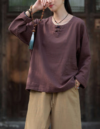 Casual Natural Long Sleeve Ramie Linen Blouse