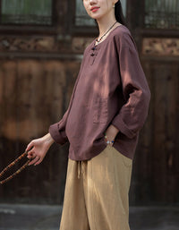 Casual Natural Long Sleeve Ramie Linen Blouse