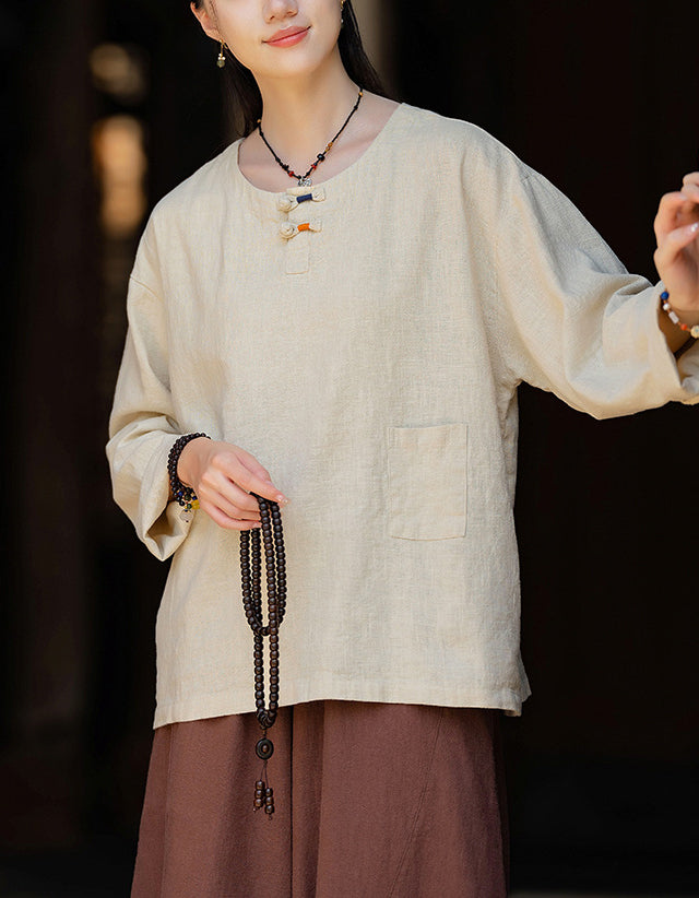 Casual Natural Long Sleeve Ramie Linen Blouse