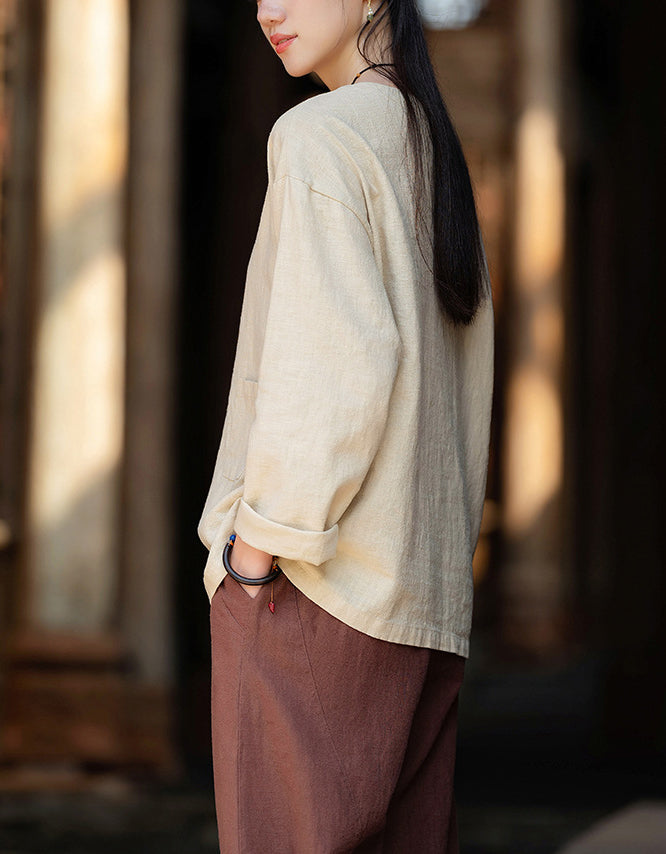 Casual Natural Long Sleeve Ramie Linen Blouse