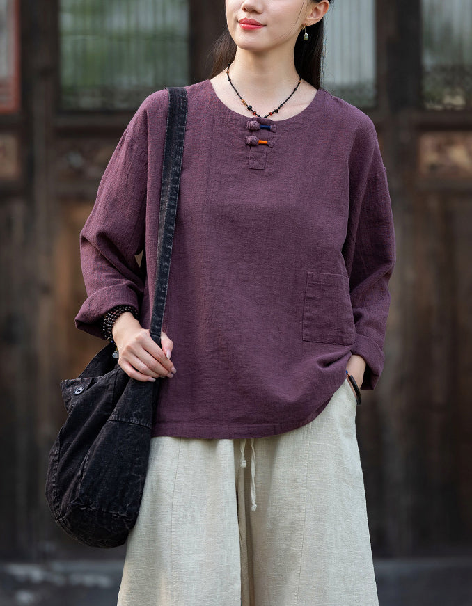 Casual Natural Long Sleeve Ramie Linen Blouse