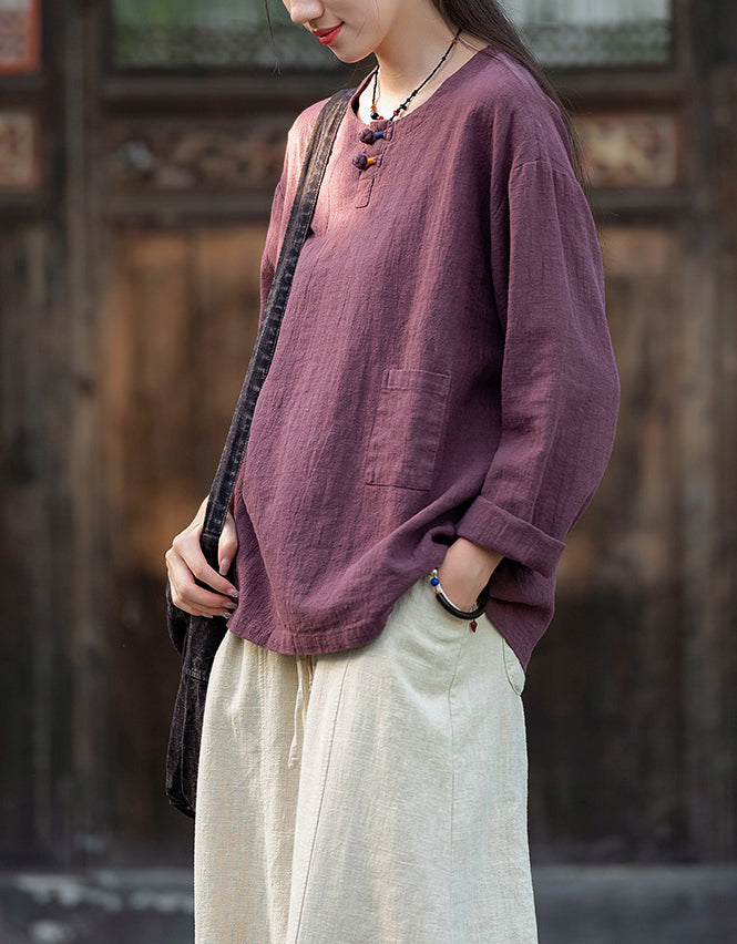 Casual Natural Long Sleeve Ramie Linen Blouse