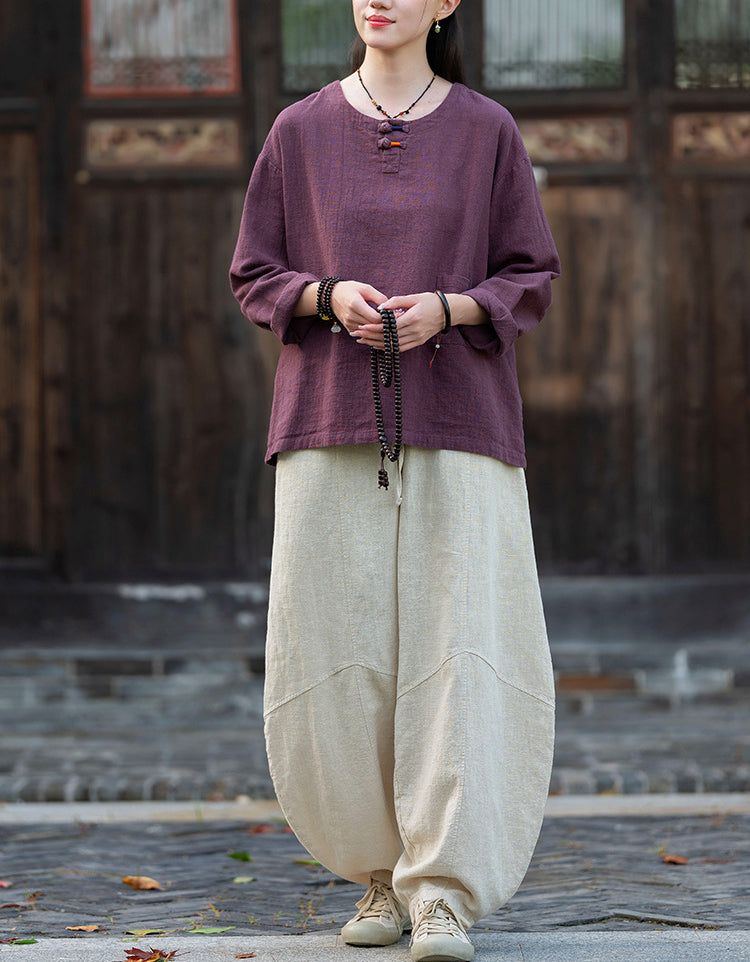 Casual Natural Long Sleeve Ramie Linen Blouse