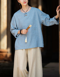 Casual Natural Long Sleeve Ramie Linen Blouse