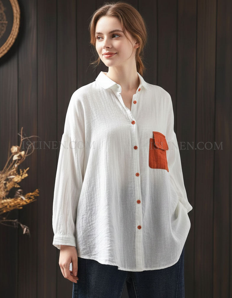 Women’s vintage white linen cotton shirt with contrast pocket front view