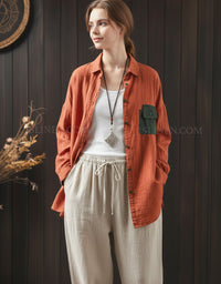 Women’s vintage orange linen cotton shirt with contrast pocket front view