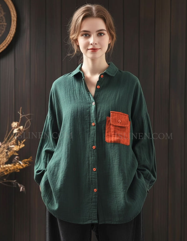 Women’s vintage green linen cotton shirt with contrast pocket front view