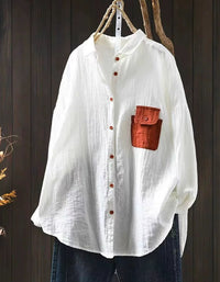 Loose fit white linen shirt with wooden buttons casual style