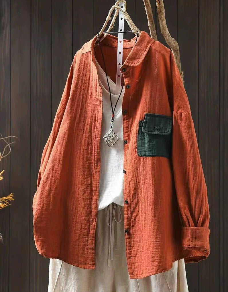 Loose fit orange linen shirt with wooden buttons casual style
