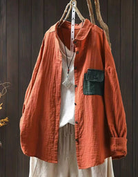 Loose fit orange linen shirt with wooden buttons casual style
