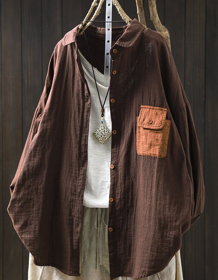 Loose fit coffee linen shirt with wooden buttons casual style