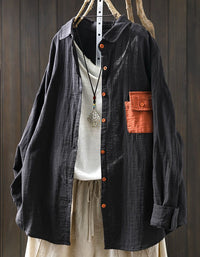 Loose fit black linen shirt with wooden buttons casual style