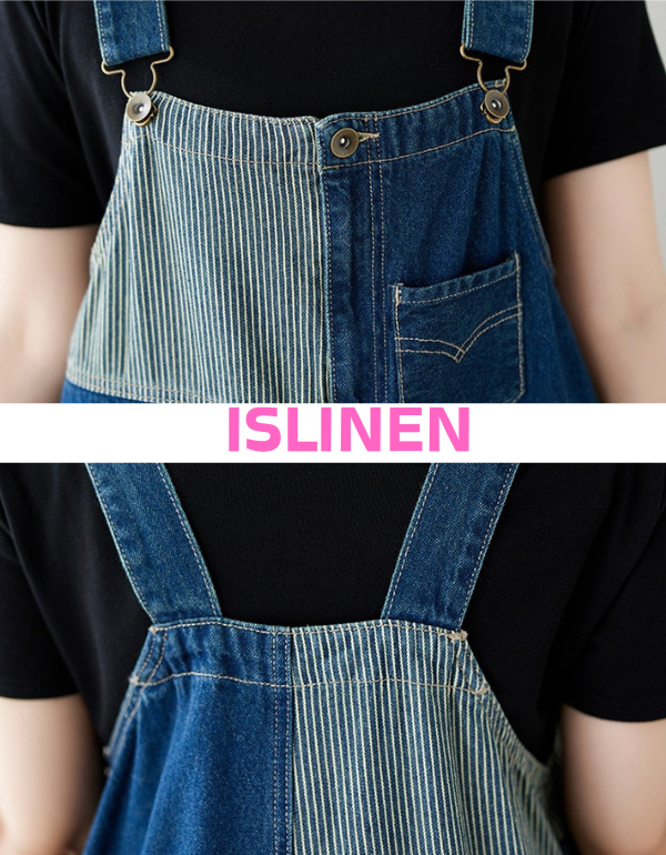 Full length denim overall jumpsuit fashion look close-up