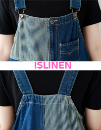 Full length denim overall jumpsuit fashion look close-up