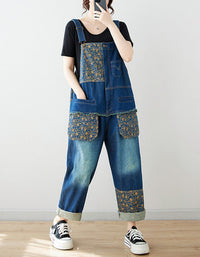 Full length denim overall jumpsuit fashion look