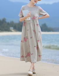Women's Floral Linen Midi Dress – Loose Fit Summer Casual Dress with Short Sleeves