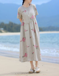 Vintage Floral Linen Dress for Women – Elegant Loose Summer Midi Dress