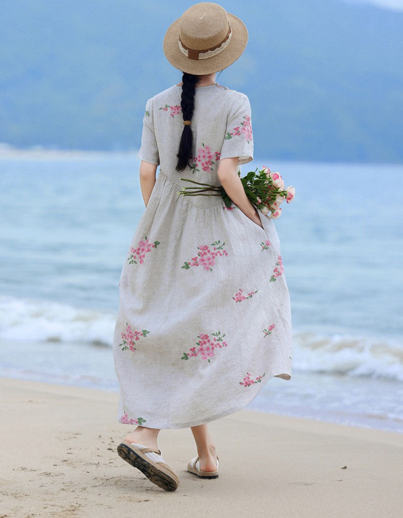 Women's Linen Floral Summer Dress – Relaxed Fit Beach Midi Dress