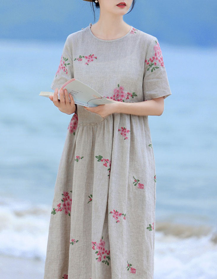 Floral Linen Midi Dress – Women's Casual Vintage Summer Dress