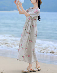 Women's Vintage Linen Dress with Floral Print – Loose Boho Summer Dress