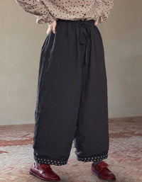 Loose Casual Polka Dot Trim Linen Pants - Islinen