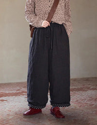 Loose Casual Polka Dot Trim Linen Pants - Islinen