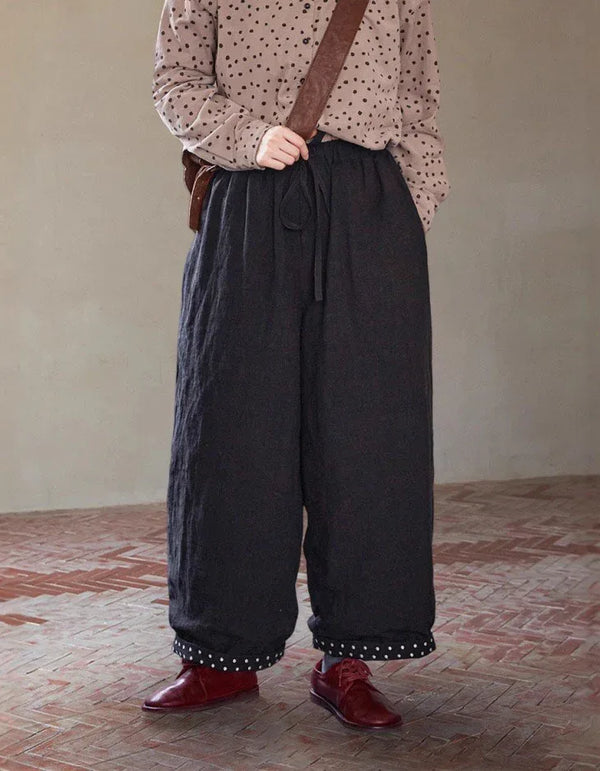 Loose Casual Polka Dot Trim Linen Pants - Islinen