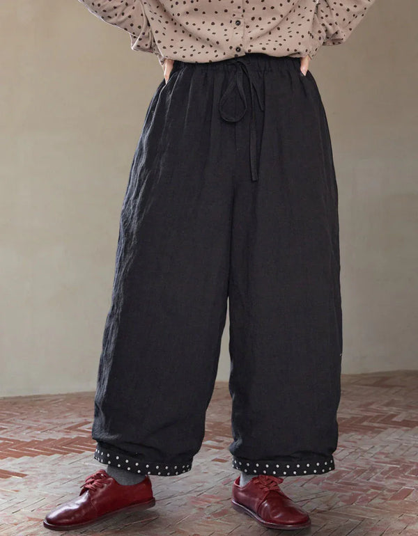 Loose Casual Polka Dot Trim Linen Pants - Islinen