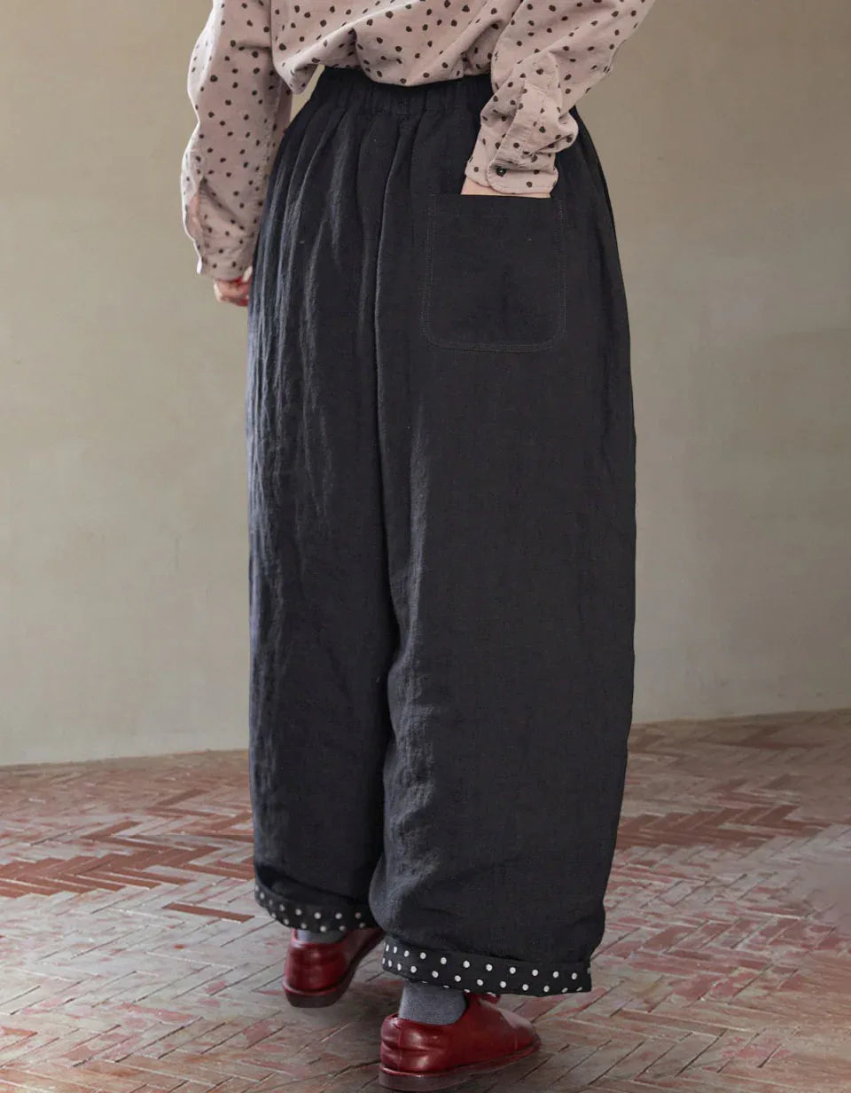 Loose Casual Polka Dot Trim Linen Pants - Islinen