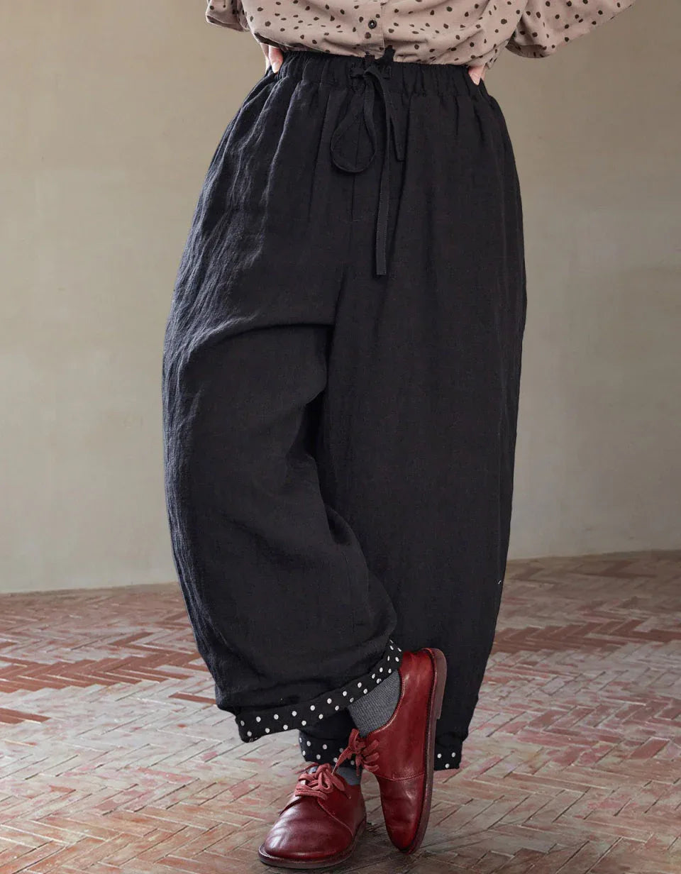 Loose Casual Polka Dot Trim Linen Pants - Islinen