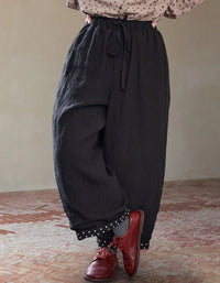 Loose Casual Polka Dot Trim Linen Pants - Islinen