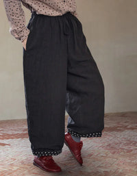 Loose Casual Polka Dot Trim Linen Pants - Islinen