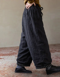 Loose Casual Polka Dot Trim Linen Pants - Islinen