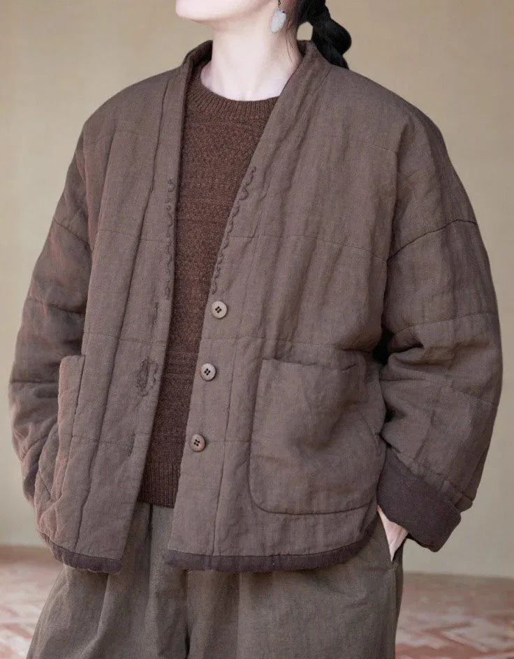 Vintage Loose Casual Quilted Linen Cotton Jacket - Islinen