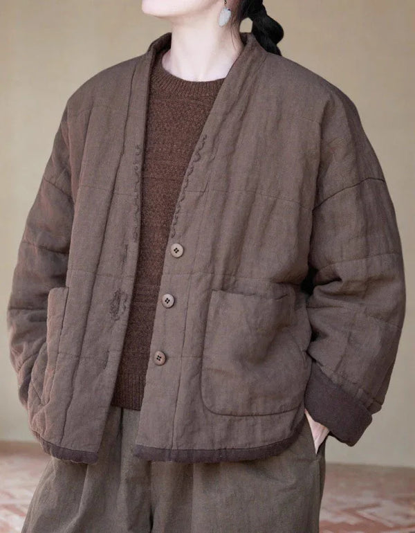 Vintage Loose Casual Quilted Linen Cotton Jacket - Islinen