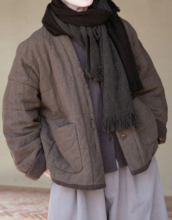 Vintage Loose Casual Quilted Linen Cotton Jacket - Islinen