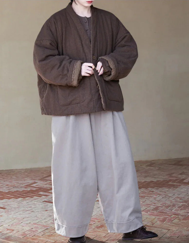 Vintage Loose Casual Quilted Linen Cotton Jacket - Islinen