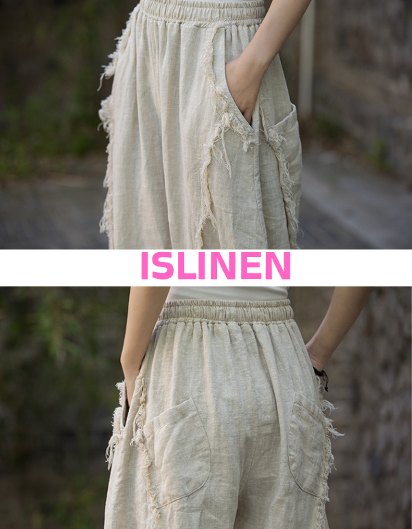 Elastic waist detail on women’s linen harem pants