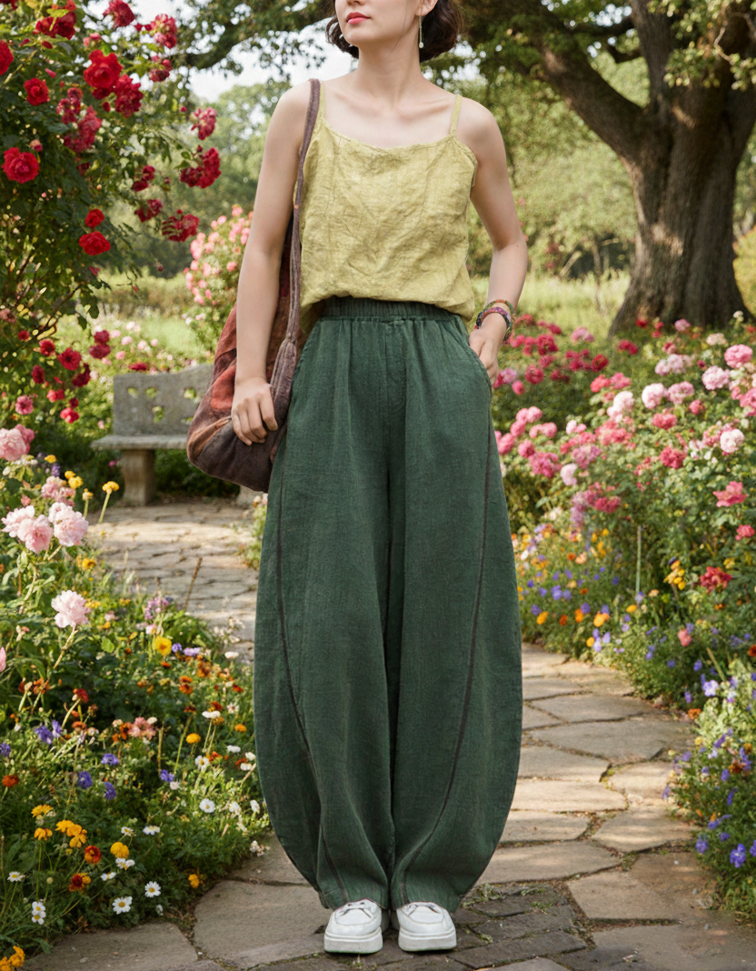 Green relaxed fit harem pants women casual outdoor