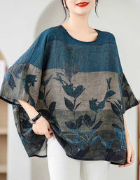 Loose Fit Floral Batwing Sleeve Cotton Linen Top