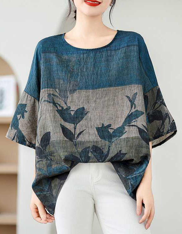 Loose Fit Floral Batwing Sleeve Cotton Linen Top