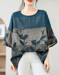Loose Fit Floral Batwing Sleeve Cotton Linen Top