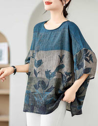 Loose Fit Floral Batwing Sleeve Cotton Linen Top