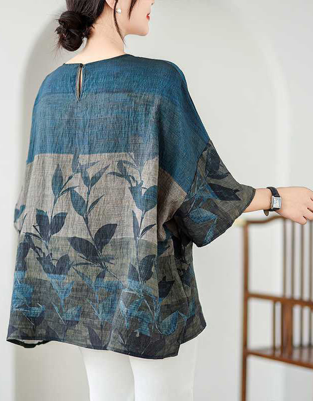 Loose Fit Floral Batwing Sleeve Cotton Linen Top