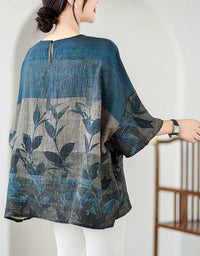 Loose Fit Floral Batwing Sleeve Cotton Linen Top