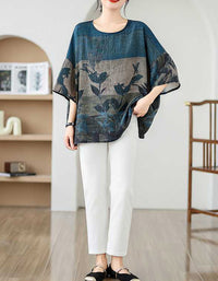 Loose Fit Floral Batwing Sleeve Cotton Linen Top