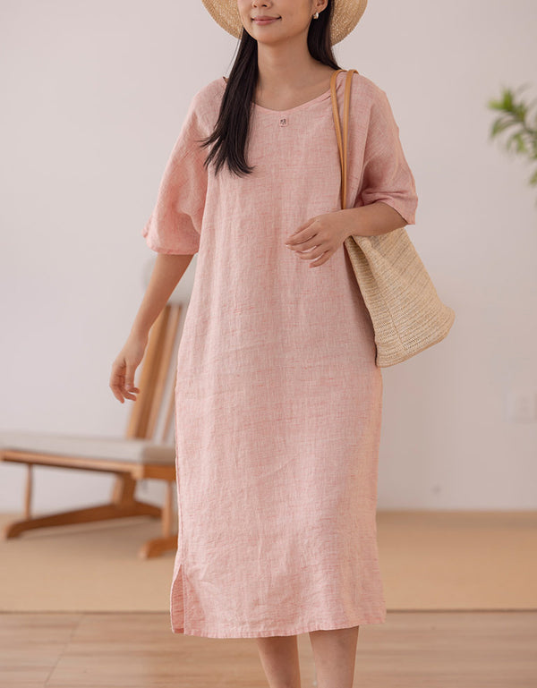 Round Neck Summer Casual Loose Linen Dress