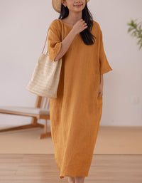 Round Neck Summer Casual Loose Linen Dress