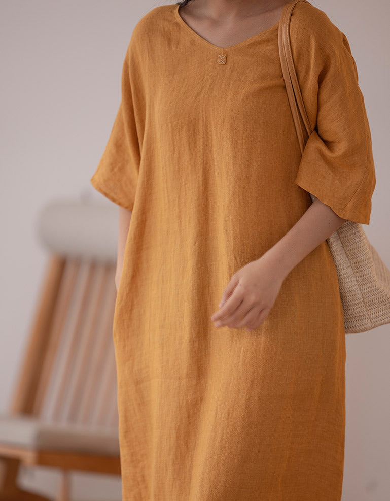 Round Neck Summer Casual Loose Linen Dress