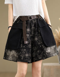Loose Fit Cat Print Black Denim Shorts